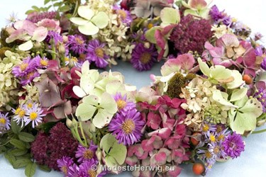 Bloemwerk 
Krans met herfstbloemen 
Hydrangea, Sedum, Aster, Rosa
Styling: Anneke Beemer
overig
Copyright Modeste Herwig